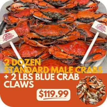 2 dozen Standard Male Crabs + 2 lbs. Blue Crab Claws